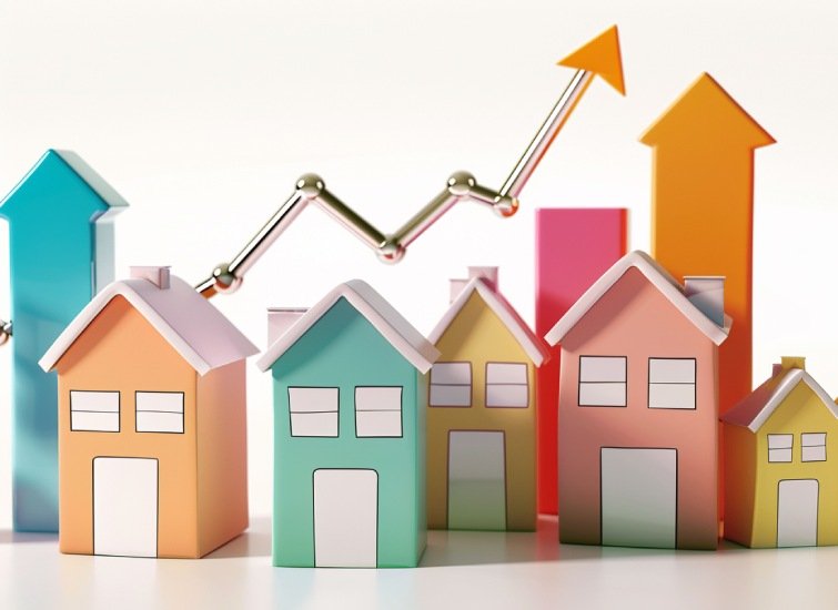 A⁤ series of colorful house models in front of upward-trending bar graphs ⁢and a line chart with ⁣an⁣ arrow, representing growth in the housing market.