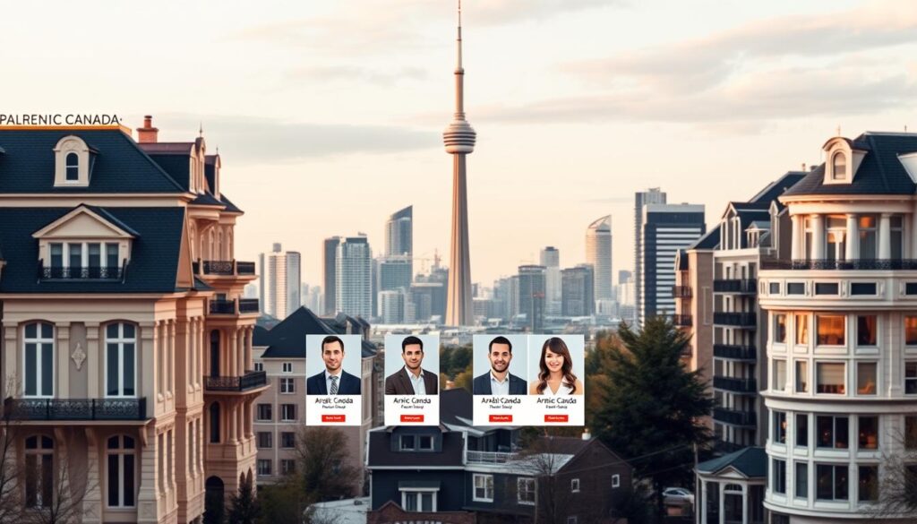 A beautifully curated real estate directory featuring a sleek, modern design. The foreground showcases elegant buildings and homes, with a mix of classic and contemporary architectural styles. In the middle ground, a directory of agent profiles is displayed, each featuring the "Arabic Canada" brand prominently. The background offers a scenic view of the Toronto skyline, with the CN Tower standing tall. The lighting is soft and warm, creating a welcoming atmosphere. The overall composition strikes a balance between professionalism and artistry, reflecting the expertise and diversity of the featured real estate agents. A beautifully curated real estate directory featuring a sleek, modern design. The foreground showcases elegant buildings and homes, with a mix of classic and contemporary architectural styles. In the middle ground, a directory of agent profiles is displayed, each featuring the "Arabic Canada" brand prominently. The background offers a scenic view of the Toronto skyline, with the CN Tower standing tall. The lighting is soft and warm, creating a welcoming atmosphere. The overall composition strikes a balance between professionalism and artistry, reflecting the expertise and diversity of the featured real estate agents.