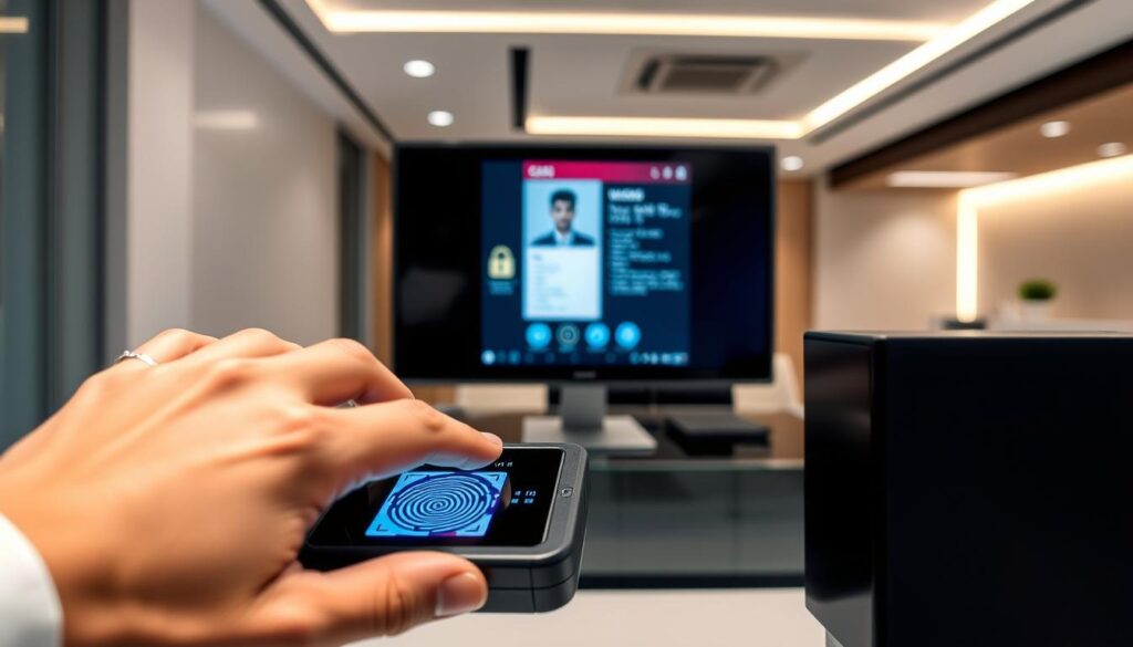 A biometric verification process in a modern, well-lit office setting. In the foreground, a person's hand is placed on a fingerprint scanner, with a digital display showing the scanning progress. The middle ground features a computer monitor displaying a profile picture and personal information, alongside security icons. The background showcases a sleek, minimalist office interior with clean lines, neutral tones, and subtle accent lighting, conveying a sense of security and technological sophistication. The overall atmosphere is professional, efficient, and reassuring, reflecting the rigorous identity verification procedures necessary for a student visa application.