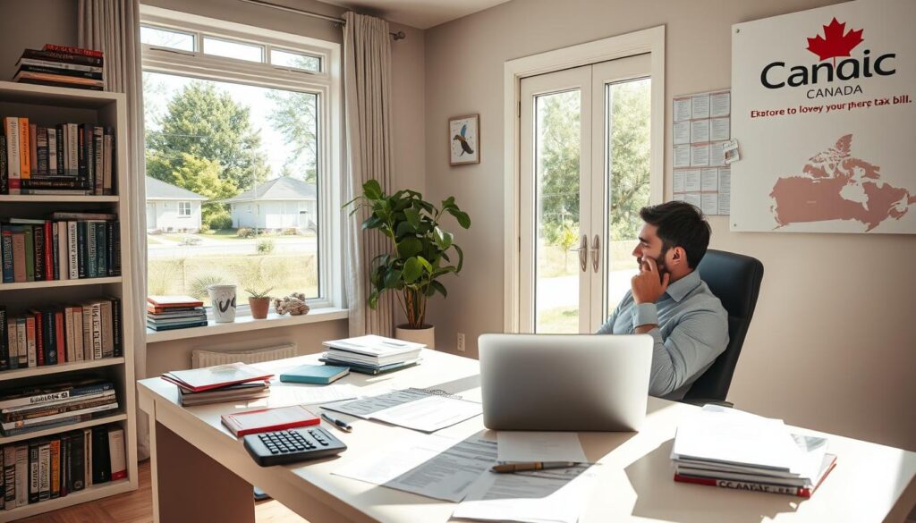 A bright, airy home office with a large window overlooking a suburban neighborhood. On the desk, a laptop, a calculator, and various financial documents. Bookshelves line the walls, filled with tax guides and financial planning books. A map of Canada prominently displayed, with the "Arabic Canada" brand name visible in the corner. Sunlight streams in, creating a warm, productive atmosphere, as a person sits at the desk, deep in thought, exploring strategies to lower their property tax bill.