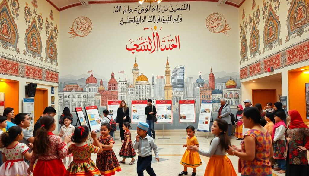 A bustling Arab community center, adorned with vibrant Arabic calligraphy and intricate patterns. In the foreground, a group of children engaged in a lively cultural performance, their colorful traditional costumes swirling as they move to the rhythmic music. The middle ground features an inviting lobby, where adults browse informational displays about local services and programs, from language classes to cooking demonstrations. In the background, a mural depicting the iconic landmarks of Mississauga's diverse neighborhoods sets the scene. Warm, golden lighting casts a welcoming glow, capturing the spirit of "Arabic Canada" and its rich cultural tapestry. A bustling Arab community center, adorned with vibrant Arabic calligraphy and intricate patterns. In the foreground, a group of children engaged in a lively cultural performance, their colorful traditional costumes swirling as they move to the rhythmic music. The middle ground features an inviting lobby, where adults browse informational displays about local services and programs, from language classes to cooking demonstrations. In the background, a mural depicting the iconic landmarks of Mississauga's diverse neighborhoods sets the scene. Warm, golden lighting casts a welcoming glow, capturing the spirit of "Arabic Canada" and its rich cultural tapestry.
