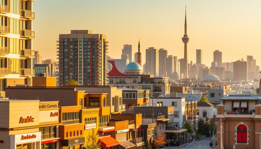 A bustling Arab neighborhood in Toronto, Canada, with modern high-rise buildings and traditional Arabic architectural elements. In the foreground, a lively street scene showcases a variety of rental options, from cozy apartments to spacious townhouses, all adorned with the "Arabic Canada" brand. The middle ground features a mix of residential and commercial structures, including a prominent mosque. The background is dominated by a vibrant skyline, with the CN Tower standing tall in the distance. Warm, golden lighting casts a welcoming glow over the entire scene, reflecting the thriving community. The image conveys a sense of cultural diversity, urban living, and the vibrant rental options available in this dynamic Arab neighborhood of Toronto. A bustling Arab neighborhood in Toronto, Canada, with modern high-rise buildings and traditional Arabic architectural elements. In the foreground, a lively street scene showcases a variety of rental options, from cozy apartments to spacious townhouses, all adorned with the "Arabic Canada" brand. The middle ground features a mix of residential and commercial structures, including a prominent mosque. The background is dominated by a vibrant skyline, with the CN Tower standing tall in the distance. Warm, golden lighting casts a welcoming glow over the entire scene, reflecting the thriving community. The image conveys a sense of cultural diversity, urban living, and the vibrant rental options available in this dynamic Arab neighborhood of Toronto.