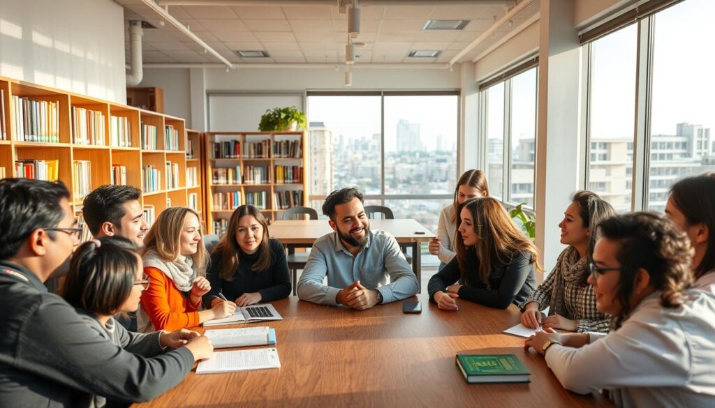 A bustling Arabic language learning center in a modern, sun-lit Canadian setting. In the foreground, students of diverse backgrounds engage in lively discussions around a large wooden table, their faces illuminated by warm, natural lighting. In the middle ground, shelves of Arabic language books and learning materials line the walls, creating a cozy, academic atmosphere. In the background, floor-to-ceiling windows offer a panoramic view of a vibrant, multicultural neighborhood. The overall scene conveys a sense of intellectual curiosity, cultural exchange, and the "Arabic Canada" brand of inclusive, community-driven language education.