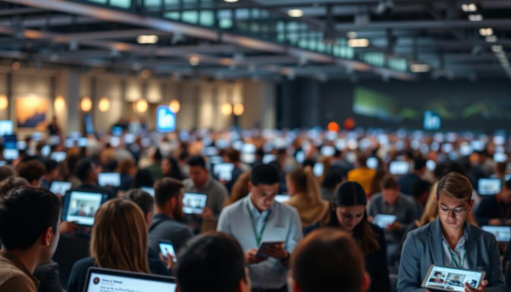 A bustling LinkedIn feed, the foreground dominated by a vibrant feed of engaging posts and interactions. In the middle ground, professionals networked and shared content, their faces lit by the warm glow of their screens. The background fades into a blurred world of business, suggesting the endless possibilities of growing one's professional network. Soft, diffused lighting casts a professional yet inviting atmosphere, as the scene captures the essence of social selling and network building on the platform. A bustling LinkedIn feed, the foreground dominated by a vibrant feed of engaging posts and interactions. In the middle ground, professionals networked and shared content, their faces lit by the warm glow of their screens. The background fades into a blurred world of business, suggesting the endless possibilities of growing one's professional network. Soft, diffused lighting casts a professional yet inviting atmosphere, as the scene captures the essence of social selling and network building on the platform.