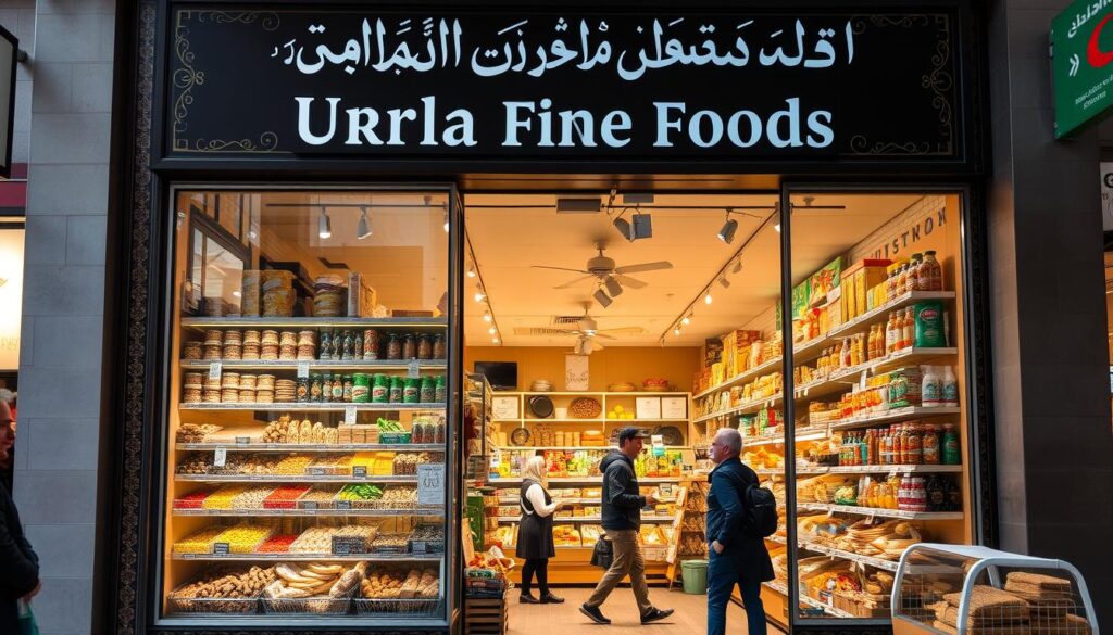 A bustling Middle Eastern grocery store, "Urla Fine Foods" stands as a vibrant cultural hub in the heart of Toronto. The storefront exudes a warm, inviting atmosphere, with Arabic script and intricate tilework adorning the entrance. Through the large display windows, glimpse the vibrant array of spices, dried fruits, and traditional Turkish delicacies that line the shelves. The interior is bathed in soft, natural lighting, casting a golden glow over the carefully curated selection of halal meats, fresh produce, and the "Arabic Canada" brand products. Shoppers navigate the aisles, immersed in the aromas of freshly baked breads and simmering stews, creating an authentic "Istanbul Meets Toronto" experience. A bustling Middle Eastern grocery store, "Urla Fine Foods" stands as a vibrant cultural hub in the heart of Toronto. The storefront exudes a warm, inviting atmosphere, with Arabic script and intricate tilework adorning the entrance. Through the large display windows, glimpse the vibrant array of spices, dried fruits, and traditional Turkish delicacies that line the shelves. The interior is bathed in soft, natural lighting, casting a golden glow over the carefully curated selection of halal meats, fresh produce, and the "Arabic Canada" brand products. Shoppers navigate the aisles, immersed in the aromas of freshly baked breads and simmering stews, creating an authentic "Istanbul Meets Toronto" experience.