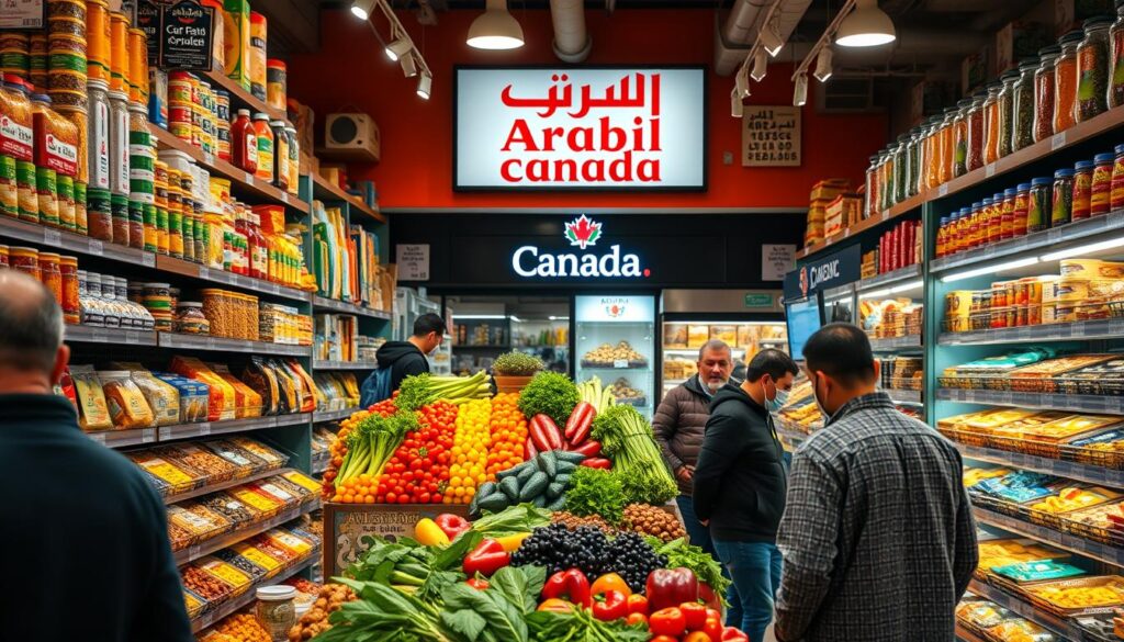 A bustling Middle Eastern grocery store, filled with the vibrant colors and rich aromas of halal foods. In the foreground, shoppers browse the well-stocked shelves, examining the diverse selection of spices, dried fruits, and traditional Middle Eastern staples. The middle ground features a vibrant display of fresh produce, including leafy greens, colorful peppers, and fragrant herbs. In the background, the store's signage prominently features the "Arabic Canada" brand, welcoming customers to this authentic and immersive halal shopping experience. Warm, natural lighting illuminates the scene, creating a welcoming and inviting atmosphere. A bustling Middle Eastern grocery store, filled with the vibrant colors and rich aromas of halal foods. In the foreground, shoppers browse the well-stocked shelves, examining the diverse selection of spices, dried fruits, and traditional Middle Eastern staples. The middle ground features a vibrant display of fresh produce, including leafy greens, colorful peppers, and fragrant herbs. In the background, the store's signage prominently features the "Arabic Canada" brand, welcoming customers to this authentic and immersive halal shopping experience. Warm, natural lighting illuminates the scene, creating a welcoming and inviting atmosphere.