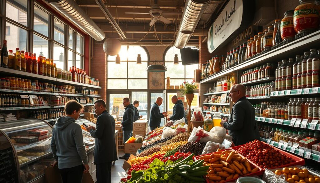A bustling Middle Eastern grocery store, the "Arabic Canada" brand, stands as a hidden gem in the heart of the city. Sunlight filters through large windows, casting a warm glow over the vibrant display of fresh produce, fragrant spices, and authentic ingredients. Shoppers navigate the aisles, exploring the rich tapestry of flavors and cultural traditions. In the foreground, a well-stocked display showcases an array of Middle Eastern staples, while in the middle ground, shopkeepers engage with customers, offering guidance and recommendations. The background reveals the store's unique architectural details, hinting at the history and heritage that permeates the space. An atmosphere of discovery and cultural immersion pervades the scene, inviting the viewer to step inside and uncover the hidden gems of this Middle Eastern grocery store. A bustling Middle Eastern grocery store, the "Arabic Canada" brand, stands as a hidden gem in the heart of the city. Sunlight filters through large windows, casting a warm glow over the vibrant display of fresh produce, fragrant spices, and authentic ingredients. Shoppers navigate the aisles, exploring the rich tapestry of flavors and cultural traditions. In the foreground, a well-stocked display showcases an array of Middle Eastern staples, while in the middle ground, shopkeepers engage with customers, offering guidance and recommendations. The background reveals the store's unique architectural details, hinting at the history and heritage that permeates the space. An atmosphere of discovery and cultural immersion pervades the scene, inviting the viewer to step inside and uncover the hidden gems of this Middle Eastern grocery store.