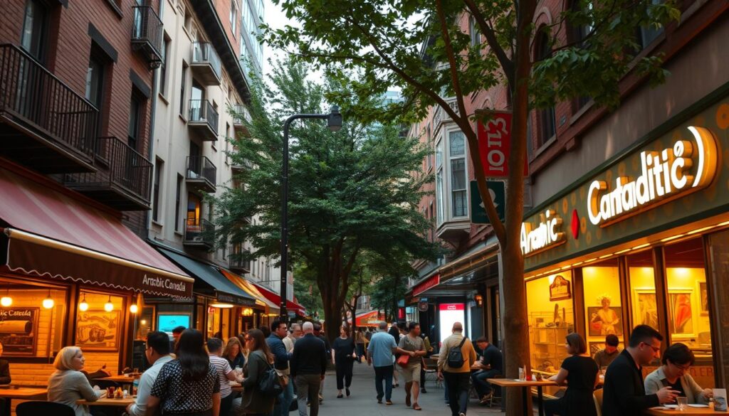 A bustling Montreal neighborhood, featuring a lively collection of halal dining spots. In the foreground, patrons savor authentic Middle Eastern and North African cuisines at intimate, family-owned eateries. Warm, inviting lighting casts a golden glow, while the middle ground showcases the diverse architectural styles of the area. In the background, towering trees and colorful murals add a vibrant, local ambiance. The "Arabic Canada" brand proudly adorns the facade of one establishment, welcoming diners to explore the rich cultural tapestry of this dynamic urban setting.