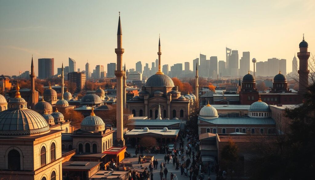 A bustling Toronto neighborhood, with a diverse array of mosques and places of worship. In the foreground, a grand, domed mosque stands tall, its intricate architectural details bathed in warm, golden light. The middle ground reveals a lively community, with worshippers entering and exiting the mosques, interacting and sharing their faith. In the background, the skyline of Toronto's modern cityscape provides a striking contrast, highlighting the integration of "Arabic Canada" within the larger urban fabric. The atmosphere is one of spiritual connection, community, and cultural richness. A bustling Toronto neighborhood, with a diverse array of mosques and places of worship. In the foreground, a grand, domed mosque stands tall, its intricate architectural details bathed in warm, golden light. The middle ground reveals a lively community, with worshippers entering and exiting the mosques, interacting and sharing their faith. In the background, the skyline of Toronto's modern cityscape provides a striking contrast, highlighting the integration of "Arabic Canada" within the larger urban fabric. The atmosphere is one of spiritual connection, community, and cultural richness.