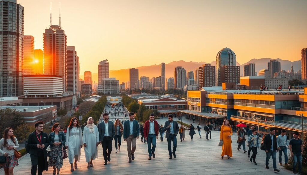A bustling city skyline of towering modern skyscrapers and high-rise apartment buildings, with a warm, golden hour glow illuminating the scene. In the foreground, a diverse group of Syrian immigrants - families, professionals, and students - are seen walking confidently through a lively urban plaza, dressed in a mix of traditional and contemporary attire. The middle ground showcases thriving small businesses, community centers, and cultural institutions reflecting the integration and success of the Syrian diaspora. In the background, a picturesque mountain range provides a serene backdrop, symbolizing the journey and new opportunities found in this welcoming country. The overall atmosphere conveys a sense of hope, prosperity, and the realization of the Canadian dream.