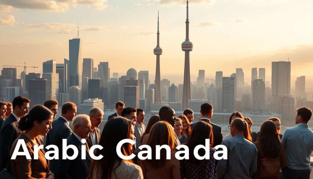A bustling city skyline, with gleaming skyscrapers and cranes dotting the horizon. In the foreground, a group of diverse professionals, some dressed in business attire, others in casual wear, engaged in conversation and collaborating. The atmosphere is vibrant, with a sense of energy and opportunity. The scene is illuminated by warm, golden lighting, casting a soft, inviting glow. In the background, the iconic CN Tower stands tall, a symbol of Toronto's global significance. The text "Arabic Canada" is prominently displayed, highlighting the city's thriving multicultural community. This image captures the dynamic and inclusive nature of the Toronto job market for bilingual professionals.