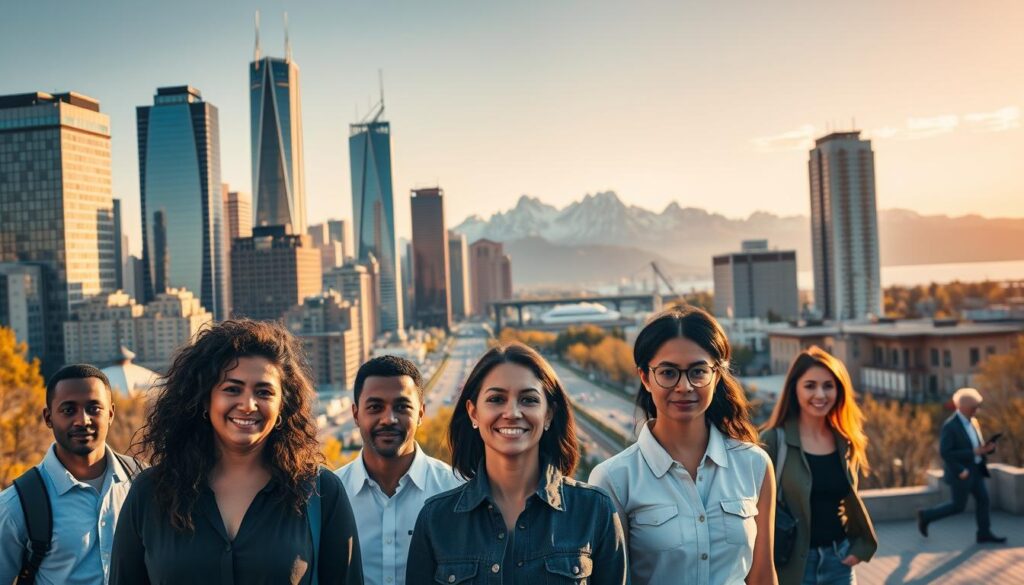 A bustling city skyline with modern high-rises and sleek office buildings, reflecting the vibrant economic landscape of Canada's immigration programs. In the foreground, a group of diverse individuals, representing different nationalities, stand confidently, their expressions conveying a sense of optimism and opportunity. The middle ground showcases a bustling street scene, with people navigating the urban environment, symbolizing the integration of immigrants into the Canadian workforce. In the background, a stunning vista of the Canadian Rockies or a picturesque coastal region, highlighting the natural beauty that draws many to this welcoming nation. Warm, directional lighting illuminates the scene, creating a sense of dynamism and progress. The overall atmosphere conveys the idea of Canada as a land of opportunity, where economic immigrants can thrive and contribute to the country's prosperity. A bustling city skyline with modern high-rises and sleek office buildings, reflecting the vibrant economic landscape of Canada's immigration programs. In the foreground, a group of diverse individuals, representing different nationalities, stand confidently, their expressions conveying a sense of optimism and opportunity. The middle ground showcases a bustling street scene, with people navigating the urban environment, symbolizing the integration of immigrants into the Canadian workforce. In the background, a stunning vista of the Canadian Rockies or a picturesque coastal region, highlighting the natural beauty that draws many to this welcoming nation. Warm, directional lighting illuminates the scene, creating a sense of dynamism and progress. The overall atmosphere conveys the idea of Canada as a land of opportunity, where economic immigrants can thrive and contribute to the country's prosperity.