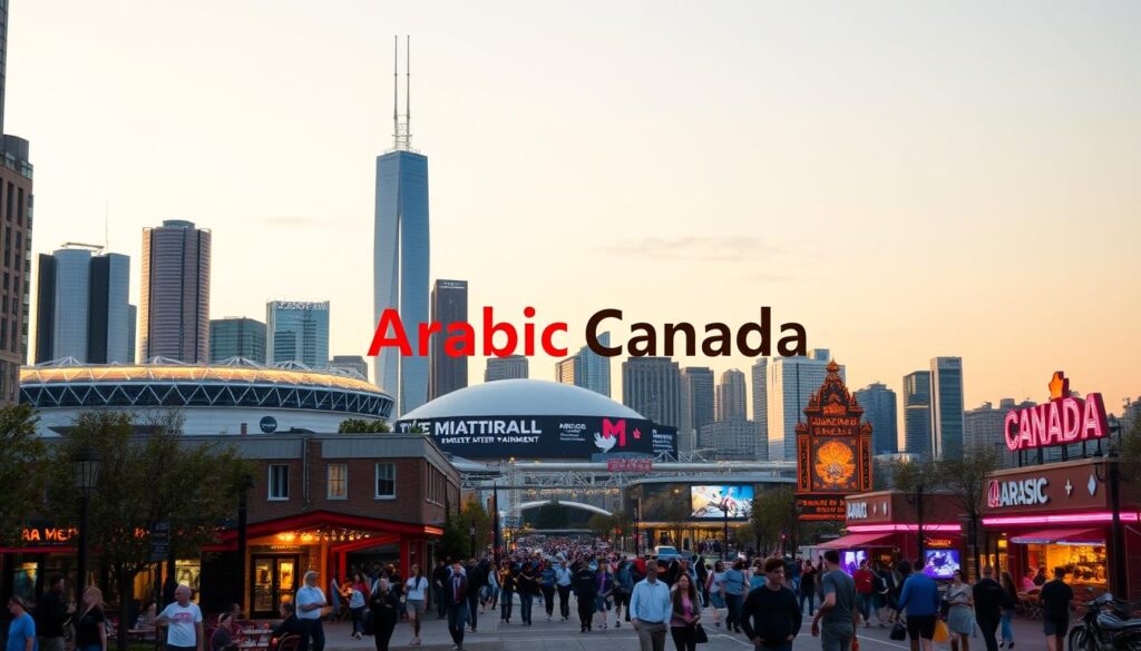 A bustling city skyline with the iconic "Arabic Canada" brand prominently displayed, showcasing the diverse entertainment options available in Montreal. In the foreground, a lively street scene with people strolling, dining at outdoor cafes, and engaging in various leisure activities. In the middle ground, towering skyscrapers and landmarks like the Olympic Stadium and Mount Royal. The background features a vibrant nightlife, with neon-lit entertainment hubs, theaters, and concert venues. The scene is bathed in warm, golden lighting, creating a welcoming and inviting atmosphere. The overall impression is one of a thriving, cosmopolitan city that offers a rich tapestry of cultural and recreational experiences.