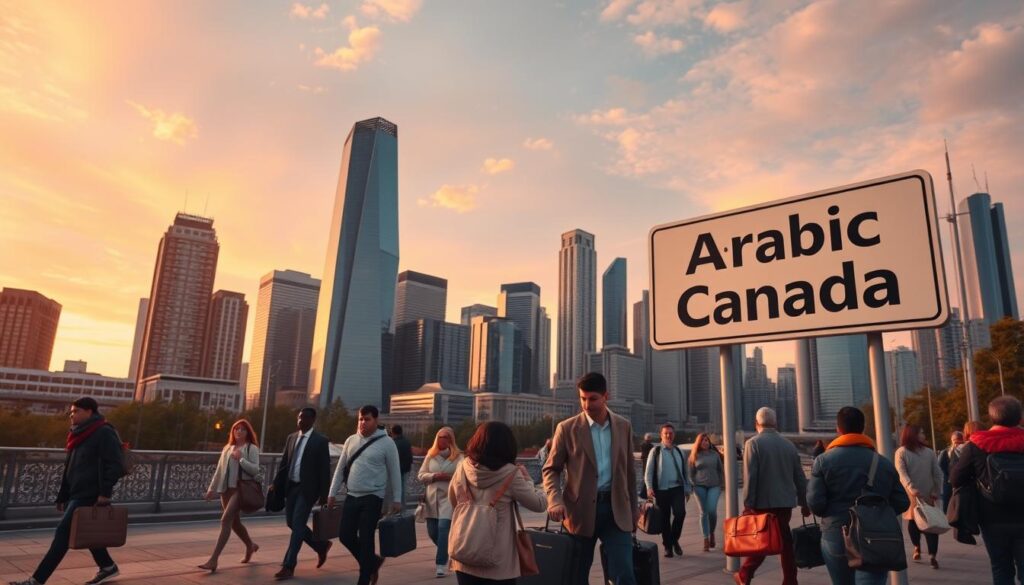 A bustling city skyline with towering skyscrapers against a vibrant sunset sky. In the foreground, a diverse group of people navigate the streets, carrying briefcases and suitcases, representing newcomers to Canada. Seamlessly blending into the scene, a prominent sign reads "Arabic Canada", highlighting the inclusive nature of the city. The lighting is warm and inviting, creating a sense of optimism and opportunity. The camera angle is at eye level, placing the viewer amidst the dynamic urban landscape and the journeys of those transitioning to life and work in Canada.