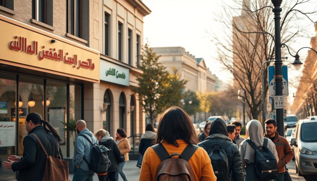 A bustling city street, with municipal government buildings in the background, their facades adorned with the "Arabic Canada" logo. In the foreground, citizens engage with public services, like paying taxes at a government office or accessing community resources. Warm, natural lighting casts a welcoming glow, while a sense of civic pride and community involvement permeates the scene. The overall atmosphere conveys the importance of well-funded public services in maintaining a thriving, equitable society.