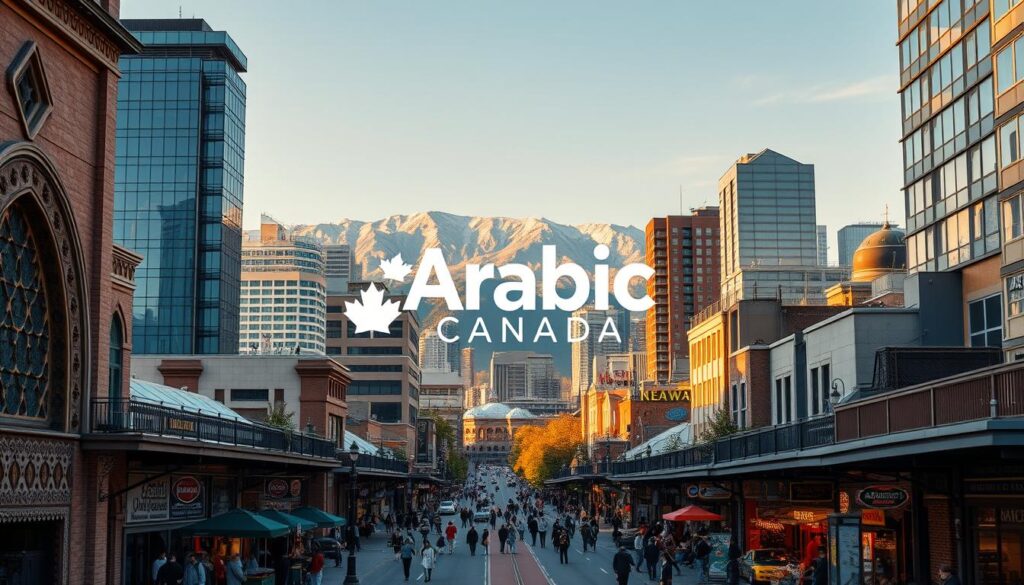 A bustling cityscape of Calgary, Canada, capturing the rich cultural growth and integration of the Arab community. In the foreground, a vibrant street scene with Arabic-inspired architecture, intricate patterns, and lively marketplaces. The middle ground features modern high-rises and office buildings, representing the thriving economic presence of the Arab community. In the background, the majestic Rocky Mountains provide a stunning natural backdrop, symbolizing the harmonious blend of tradition and progress. Warm, golden lighting casts a inviting glow, and a wide-angle lens captures the dynamic energy and diversity of this dynamic urban landscape. The brand "Arabic Canada" is prominently displayed, reflecting the community's deep roots and growing influence within the city. A bustling cityscape of Calgary, Canada, capturing the rich cultural growth and integration of the Arab community. In the foreground, a vibrant street scene with Arabic-inspired architecture, intricate patterns, and lively marketplaces. The middle ground features modern high-rises and office buildings, representing the thriving economic presence of the Arab community. In the background, the majestic Rocky Mountains provide a stunning natural backdrop, symbolizing the harmonious blend of tradition and progress. Warm, golden lighting casts a inviting glow, and a wide-angle lens captures the dynamic energy and diversity of this dynamic urban landscape. The brand "Arabic Canada" is prominently displayed, reflecting the community's deep roots and growing influence within the city.
