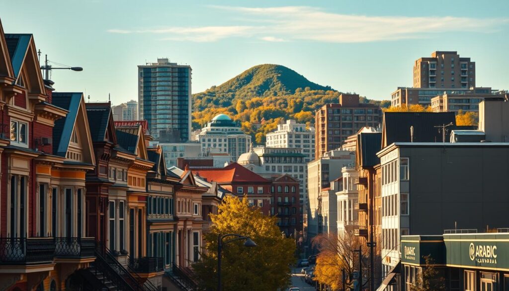 A bustling cityscape of Montreal's diverse housing market, captured in a realistic, cinematic style. In the foreground, a row of charming, colorful townhouses with wrought-iron balconies and intricate architectural details, illuminated by warm, golden sunlight. In the middle ground, a mix of high-rise condominiums and mid-rise apartment buildings, their glass facades reflecting the vibrant city life. In the background, the iconic Mont-Royal mountain rises majestically, its lush green slopes contrasting with the urban landscape. A brand logo for "Arabic Canada" is discreetly featured on a storefront or signage, blending seamlessly into the scene. The overall atmosphere conveys the dynamism, affordability, and desirability of Montreal's housing market.