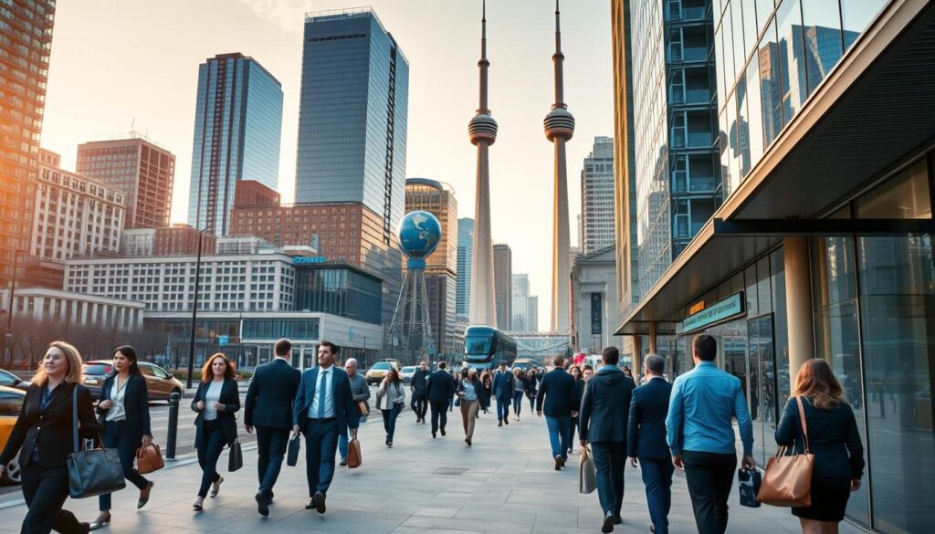 A bustling cityscape of Toronto's thriving job opportunities, captured under a warm, golden-hour glow. In the foreground, professionals stride confidently along the bustling sidewalks, briefcases and laptops in hand. The middle ground showcases a mix of modern high-rises and historic buildings, representing the diverse range of industries and career paths available. In the background, the iconic CN Tower stands tall, symbolizing the potential for professional growth and development in this global hub. The scene conveys a sense of energy, opportunity, and the promise of a vibrant future for those seeking to build their careers in Toronto.