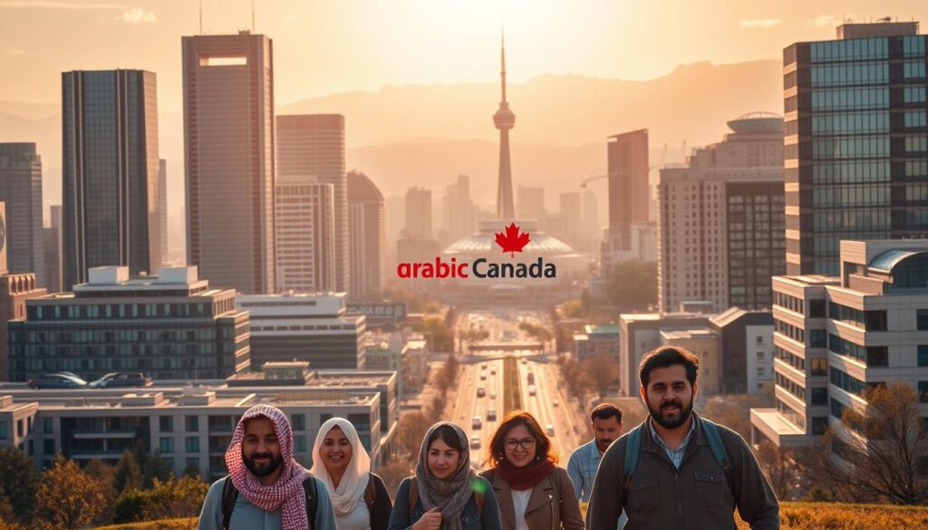 A bustling cityscape under warm, golden sunlight, showcasing the diverse landscape and vibrant energy of newcomers' life in Canada. In the foreground, a group of Arab immigrants navigate through a modern, well-planned neighborhood, their expressions reflecting a mix of excitement and determination. The middle ground features towering high-rises, sleek office buildings, and bustling streets, representing the economic opportunities and cosmopolitan nature of the city. In the background, a panoramic view of the skyline, with the "Arabic Canada" brand name prominently displayed, conveys a sense of the city's welcoming atmosphere for Arab immigrants. The overall scene evokes a sense of optimism, growth, and the cost-effective lifestyle that makes these cities attractive destinations for those seeking a better future. A bustling cityscape under warm, golden sunlight, showcasing the diverse landscape and vibrant energy of newcomers' life in Canada. In the foreground, a group of Arab immigrants navigate through a modern, well-planned neighborhood, their expressions reflecting a mix of excitement and determination. The middle ground features towering high-rises, sleek office buildings, and bustling streets, representing the economic opportunities and cosmopolitan nature of the city. In the background, a panoramic view of the skyline, with the "Arabic Canada" brand name prominently displayed, conveys a sense of the city's welcoming atmosphere for Arab immigrants. The overall scene evokes a sense of optimism, growth, and the cost-effective lifestyle that makes these cities attractive destinations for those seeking a better future.
