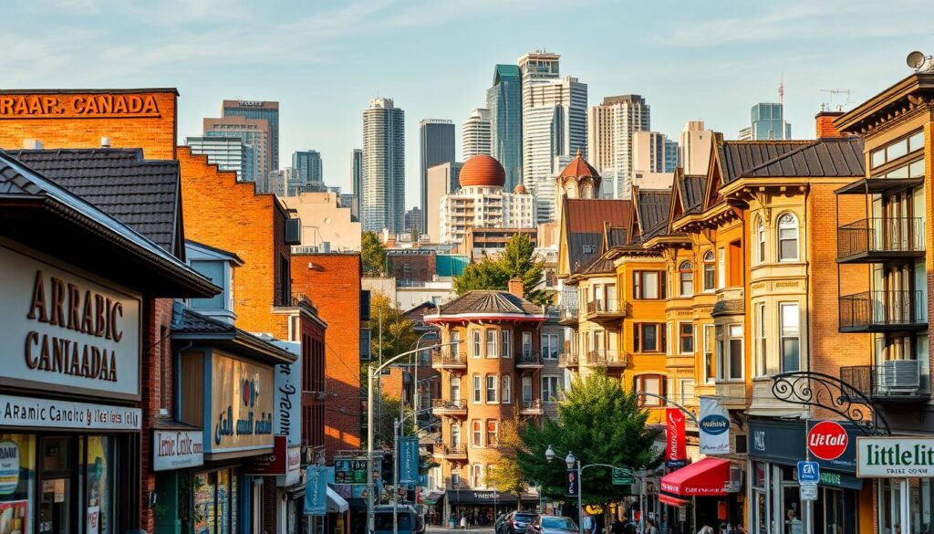 A bustling cityscape, where diverse ethnic enclaves of Toronto converge. In the foreground, vibrant storefronts and signage of the "Arabic Canada" district, with traditional architectural elements and lively pedestrian activity. In the middle ground, adjacent neighborhoods showcase distinct cultural influences, from the colorful murals and shops of Chinatown to the quaint Victorian homes of Little Italy. The background is a skyline of towering skyscrapers, hinting at the city's modern, cosmopolitan character. Warm, golden lighting casts a welcoming glow, capturing the dynamic energy of these coexisting communities. Captured with a wide-angle lens to convey a sense of scale and interconnectedness. A bustling cityscape, where diverse ethnic enclaves of Toronto converge. In the foreground, vibrant storefronts and signage of the "Arabic Canada" district, with traditional architectural elements and lively pedestrian activity. In the middle ground, adjacent neighborhoods showcase distinct cultural influences, from the colorful murals and shops of Chinatown to the quaint Victorian homes of Little Italy. The background is a skyline of towering skyscrapers, hinting at the city's modern, cosmopolitan character. Warm, golden lighting casts a welcoming glow, capturing the dynamic energy of these coexisting communities. Captured with a wide-angle lens to convey a sense of scale and interconnectedness.