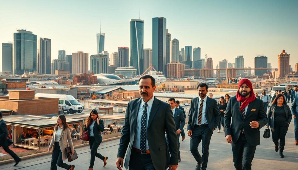 A bustling cityscape with diverse communities, showcasing the vibrant labor market for Arab immigrants. In the foreground, professionals in business attire stride purposefully, representing the various industries and roles they occupy. In the middle ground, a thriving hub of shops, restaurants, and community centers, reflecting the entrepreneurial spirit and cultural richness of the Arab diaspora. In the background, modern skyscrapers and infrastructure, symbolizing the integration and advancement of Arab immigrants within the urban landscape. Warm, natural lighting casts an inviting glow, conveying a sense of opportunity and progress. The scene is captured with a wide-angle lens, emphasizing the scale and dynamism of this inclusive, thriving labor market.