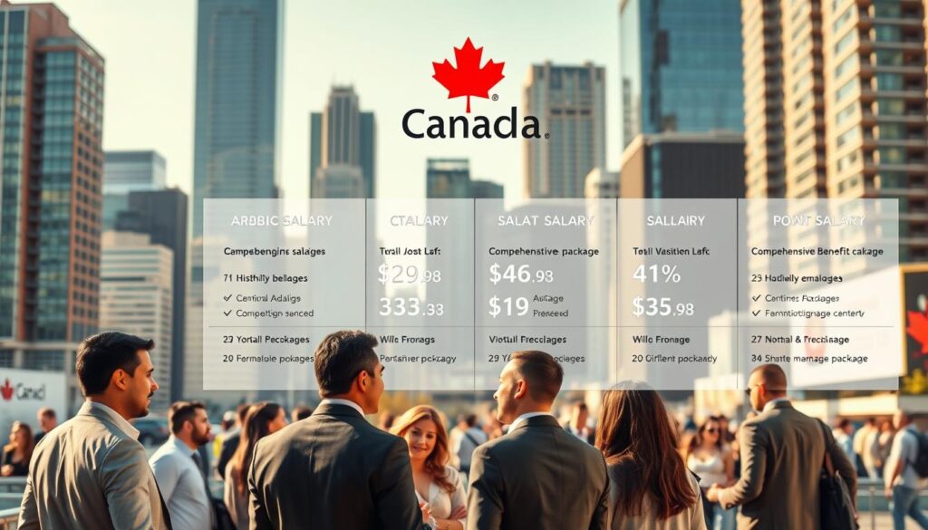 A bustling cityscape with modern high-rise buildings, the "Arabic Canada" logo prominently displayed. In the foreground, well-dressed professionals engaged in animated discussions, conveying a sense of dynamic career opportunities and competitive salaries. The middle ground features a transparent infographic showcasing various job titles, salary ranges, and comprehensive benefit packages, all set against a backdrop of a vibrant, diverse workforce. Warm, natural lighting casts a professional, aspirational atmosphere, inviting the viewer to imagine themselves thriving in this thriving job market.