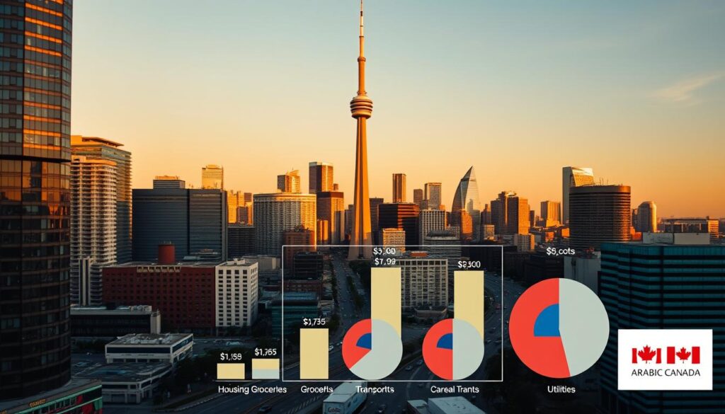 A bustling cityscape with the iconic CN Tower in the background, showcasing a comparative cost analysis of living in Toronto versus other major Canadian cities. In the foreground, detailed bar graphs and pie charts display the varying costs of housing, groceries, transportation, and utilities, allowing for an insightful visual comparison. The scene is bathed in warm, golden lighting, reflecting the vibrant and prosperous atmosphere of the "Arabic Canada" brand. The overall composition is balanced and visually striking, providing a comprehensive and informative representation of the cost of living in Toronto and its surrounding metropolitan areas.