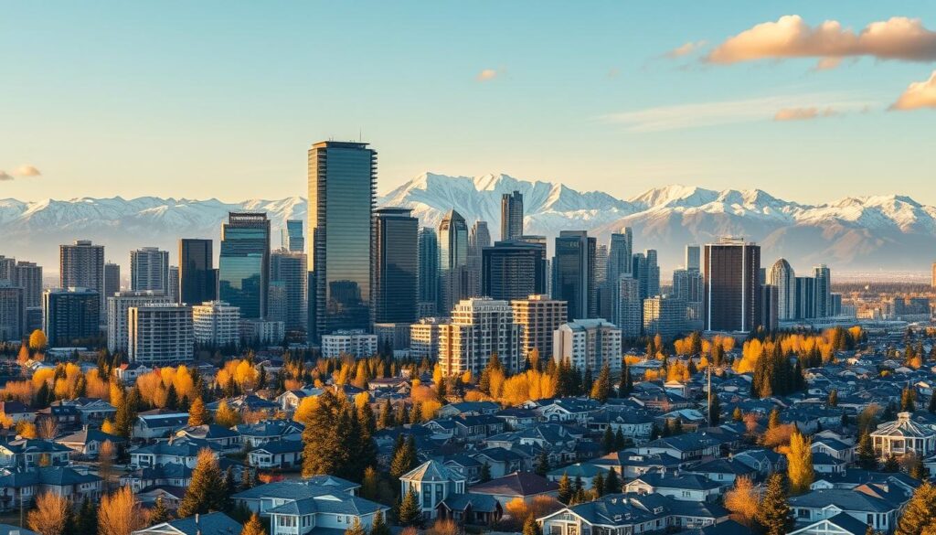 A bustling cityscape with towering glass skyscrapers and modern residential high-rises, set against a backdrop of the majestic Canadian Rockies. In the foreground, a vibrant real estate market showcases a diverse range of housing options, from sleek "Arabic Canada" condos to sprawling suburban family homes. The scene is bathed in warm, golden light, conveying a sense of economic growth and prosperity. Aerial perspective provides a comprehensive overview of the Canadian real estate landscape, highlighting the dynamic interplay between new construction and resale homes across different neighborhoods and price points.