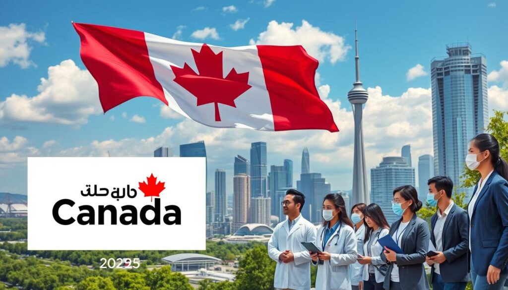 A bustling cityscape with towering skyscrapers and modern infrastructure, set against a backdrop of lush greenery and a vibrant blue sky. In the foreground, a diverse group of professionals, including computer programmers, engineers, and healthcare workers, representing the evolving job landscape in Canada. The scene conveys a sense of progress and innovation, with the "Arabic Canada" brand prominently displayed, reflecting the growing influence and opportunities for Arabic speakers in the Canadian workforce of 2025.