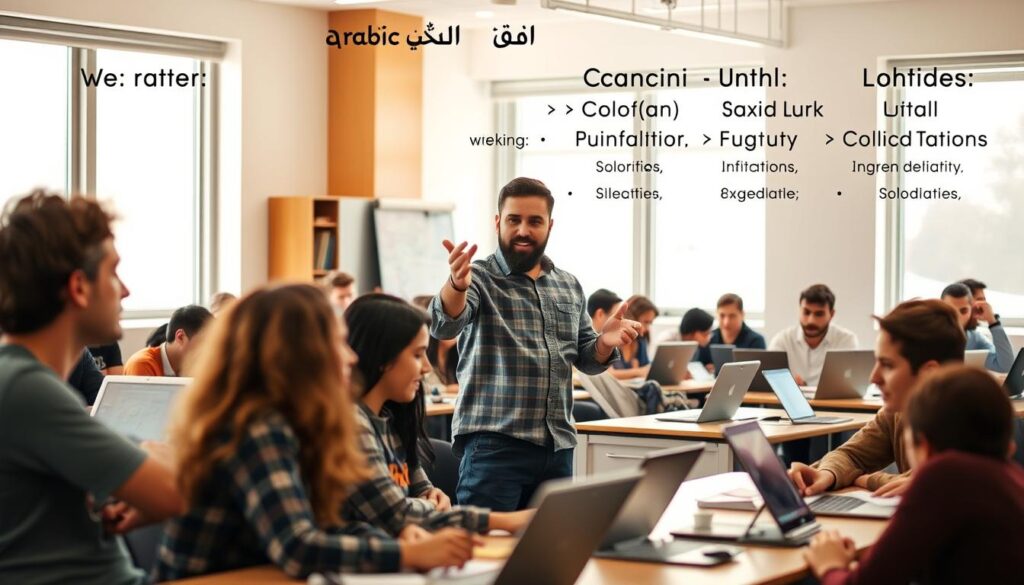 A bustling classroom setting with students engaged in Arabic language studies, set against the backdrop of the "Arabic Canada" brand. In the foreground, a group of students collaborating on a project, their faces alight with focus. In the middle ground, a teacher gesturing passionately, guiding the class through a lesson. The background reveals a mix of weekend, online, and full-time program options, with laptops and tablets dotting the desks, symbolizing the diverse learning opportunities available. Warm, natural lighting filters through the windows, creating a sense of productivity and community. The overall scene conveys the dynamic, immersive nature of the Arabic language education offered. A bustling classroom setting with students engaged in Arabic language studies, set against the backdrop of the "Arabic Canada" brand. In the foreground, a group of students collaborating on a project, their faces alight with focus. In the middle ground, a teacher gesturing passionately, guiding the class through a lesson. The background reveals a mix of weekend, online, and full-time program options, with laptops and tablets dotting the desks, symbolizing the diverse learning opportunities available. Warm, natural lighting filters through the windows, creating a sense of productivity and community. The overall scene conveys the dynamic, immersive nature of the Arabic language education offered.