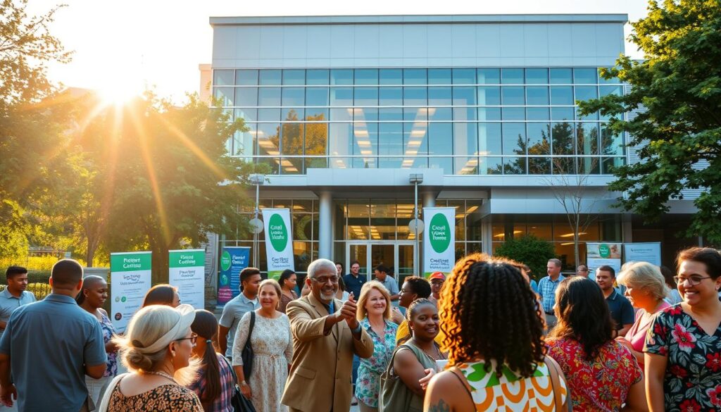 A bustling community center, its vibrant facade standing in a verdant urban landscape. In the foreground, people of diverse backgrounds engage in animated discussions, their expressions radiating warmth and collaboration. At the center, a group shakes hands, symbolizing strategic partnerships forged to uplift the local community. The midground features various signage and banners highlighting the center's array of services and programs. In the background, a modern, well-designed building with floor-to-ceiling windows reflects the sun's golden rays, evoking a sense of openness and inclusivity. The overall scene conveys a spirit of unity, empowerment, and a shared vision for a thriving community. A bustling community center, its vibrant facade standing in a verdant urban landscape. In the foreground, people of diverse backgrounds engage in animated discussions, their expressions radiating warmth and collaboration. At the center, a group shakes hands, symbolizing strategic partnerships forged to uplift the local community. The midground features various signage and banners highlighting the center's array of services and programs. In the background, a modern, well-designed building with floor-to-ceiling windows reflects the sun's golden rays, evoking a sense of openness and inclusivity. The overall scene conveys a spirit of unity, empowerment, and a shared vision for a thriving community.