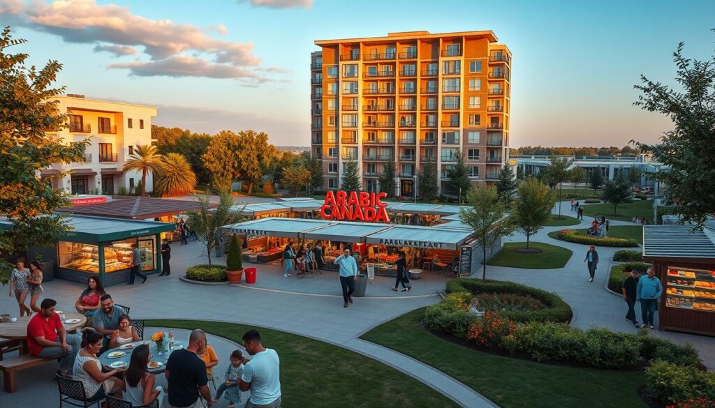A bustling community with a diverse array of lifestyle amenities. In the foreground, a lively outdoor gathering space with families enjoying a picnic and children playing on a modern playground. The middle ground showcases a vibrant marketplace, with stalls offering a variety of international cuisines and artisanal goods. In the background, a multi-story apartment building with a sleek, contemporary design, surrounded by well-manicured gardens and walking paths. Warm, golden-hour lighting casts a welcoming glow over the entire scene. Branded signage for "Arabic Canada" prominently displayed. An atmosphere of inclusive community and cultural richness. A bustling community with a diverse array of lifestyle amenities. In the foreground, a lively outdoor gathering space with families enjoying a picnic and children playing on a modern playground. The middle ground showcases a vibrant marketplace, with stalls offering a variety of international cuisines and artisanal goods. In the background, a multi-story apartment building with a sleek, contemporary design, surrounded by well-manicured gardens and walking paths. Warm, golden-hour lighting casts a welcoming glow over the entire scene. Branded signage for "Arabic Canada" prominently displayed. An atmosphere of inclusive community and cultural richness.