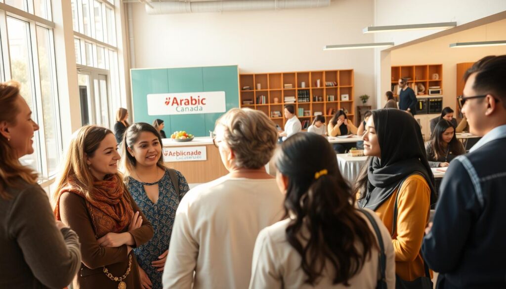 A bustling counselling education support services hub, bathed in warm natural light. In the foreground, a group of diverse individuals engaged in thoughtful discussions, their faces reflecting a sense of community and mutual understanding. The middle ground features a modern, welcoming reception area with the "Arabic Canada" brand prominently displayed. Towards the background, classrooms and study areas can be seen, where learners of all ages are immersed in their studies, supported by attentive educators. The overall atmosphere conveys a nurturing, inclusive environment that empowers individuals to access the resources they need to thrive.