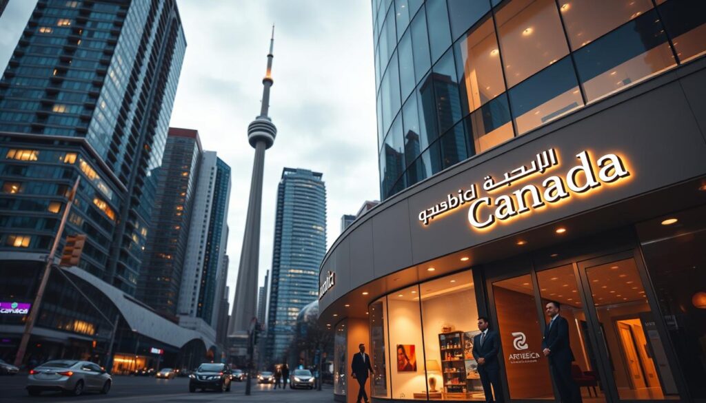 A bustling downtown skyline of Toronto, Canada with the iconic CN Tower prominently displayed. In the foreground, a sleek and modern real estate office adorned with the "Arabic Canada" brand name. Well-dressed real estate agents stand at the entrance, ready to assist clients. The lighting is warm and inviting, creating a professional and trustworthy atmosphere. The scene is captured from a low, wide-angle perspective, emphasizing the grand scale of the cityscape and the importance of the real estate services being offered. The overall mood is one of confidence, expertise, and a commitment to serving the Arabic-speaking community in Toronto and the Greater Toronto Area.