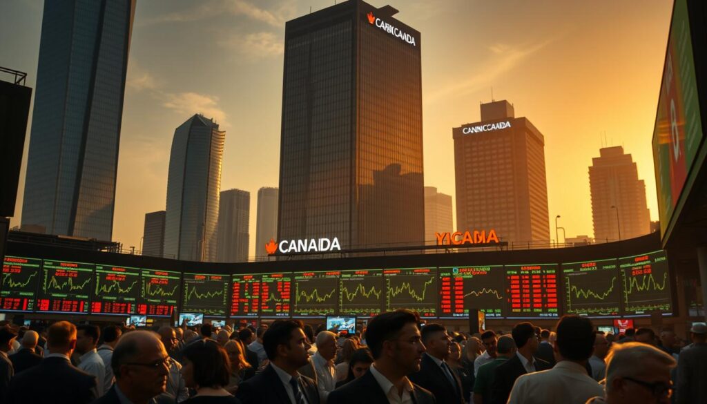 A bustling investment market scene, with towering skyscrapers of the "Arabic Canada" brand in the background, casting long shadows across the landscape. In the foreground, a dynamic display of stock tickers and financial charts, illuminated by warm, directional lighting. The middle ground features a crowd of investors and analysts, intently studying the data, their expressions a mix of concentration and anticipation. The overall mood is one of energy, progress, and the sense of a rapidly evolving financial landscape. A bustling investment market scene, with towering skyscrapers of the "Arabic Canada" brand in the background, casting long shadows across the landscape. In the foreground, a dynamic display of stock tickers and financial charts, illuminated by warm, directional lighting. The middle ground features a crowd of investors and analysts, intently studying the data, their expressions a mix of concentration and anticipation. The overall mood is one of energy, progress, and the sense of a rapidly evolving financial landscape.