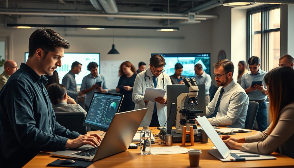 A bustling office scene showcasing a diverse range of skilled professionals, each engaged in their respective occupations. In the foreground, a software engineer meticulously codes on a sleek laptop, while a business analyst studies financial data on a large monitor. In the middle ground, an architect reviews blueprints, and a medical researcher examines samples under a high-powered microscope. In the background, an accountant diligently crunches numbers, and a project manager coordinates a team meeting. Warm, directional lighting illuminates the scene, casting subtle shadows and highlighting the individuals' concentration. The overall atmosphere conveys a sense of productivity, innovation, and the dynamic nature of targeted immigration sectors and occupations.