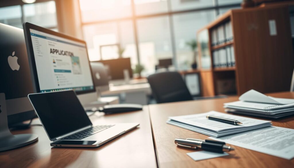 A bustling office scene, with two distinct workspaces side by side. On the left, a modern computer setup with a sleek laptop and a smartphone, representing the online application process. On the right, a traditional desk with a stack of documents, a pen, and a business card, symbolizing the in-person approach. The lighting is a warm, natural tone, casting a subtle glow on the scene. The perspective is slightly elevated, allowing the viewer to observe the contrast between the two application methods. The overall atmosphere conveys a sense of professionalism and efficiency, reflecting the importance of the application process.