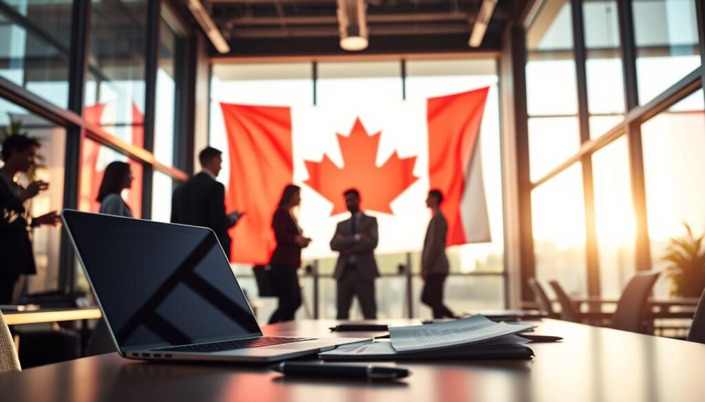 A bustling office setting, illuminated by soft, natural lighting filtering through large windows. In the foreground, a desk with a laptop, papers, and a pen in hand, symbolizing the administrative process. In the middle ground, silhouettes of people engaged in discussion, representing the collaborative nature of the Express Entry draw process. The background features a looming abstract Canadian flag, conveying the national significance of this immigration pathway. The overall atmosphere is one of efficiency, professionalism, and the pursuit of the Canadian dream. A bustling office setting, illuminated by soft, natural lighting filtering through large windows. In the foreground, a desk with a laptop, papers, and a pen in hand, symbolizing the administrative process. In the middle ground, silhouettes of people engaged in discussion, representing the collaborative nature of the Express Entry draw process. The background features a looming abstract Canadian flag, conveying the national significance of this immigration pathway. The overall atmosphere is one of efficiency, professionalism, and the pursuit of the Canadian dream.