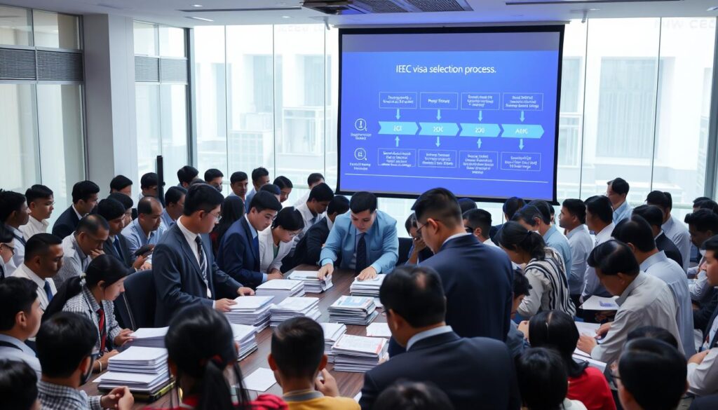 A bustling office setting, with a large pool of applicants gathered around a central table. In the foreground, officials in professional attire carefully review stacks of documents, their expressions focused and intent. The middle ground features a projection screen displaying the IEC visa selection process, offering a visual guide to the intricate steps. The background showcases a backdrop of modern architecture, conveying a sense of administrative authority. Soft, diffused lighting creates an atmosphere of diligence and gravity, as the process unfolds with precision and purpose. A bustling office setting, with a large pool of applicants gathered around a central table. In the foreground, officials in professional attire carefully review stacks of documents, their expressions focused and intent. The middle ground features a projection screen displaying the IEC visa selection process, offering a visual guide to the intricate steps. The background showcases a backdrop of modern architecture, conveying a sense of administrative authority. Soft, diffused lighting creates an atmosphere of diligence and gravity, as the process unfolds with precision and purpose.