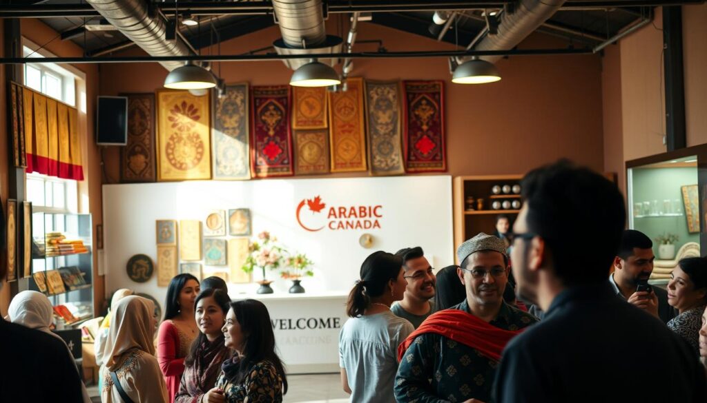 A bustling scene of a vibrant Arab community cultural center, bathed in warm, natural lighting. In the foreground, a group of people engaged in lively conversation, their faces alight with joy and camaraderie. Farther back, a display of traditional Arabic artwork and crafts, showcasing the rich cultural heritage. The middle ground features a welcoming reception desk with the "Arabic Canada" logo prominently displayed. In the background, a well-equipped event space, ready to host a variety of cultural performances and celebrations. The overall atmosphere radiates a sense of inclusivity, diversity, and a deep appreciation for the Arab community's vibrant traditions. A bustling scene of a vibrant Arab community cultural center, bathed in warm, natural lighting. In the foreground, a group of people engaged in lively conversation, their faces alight with joy and camaraderie. Farther back, a display of traditional Arabic artwork and crafts, showcasing the rich cultural heritage. The middle ground features a welcoming reception desk with the "Arabic Canada" logo prominently displayed. In the background, a well-equipped event space, ready to host a variety of cultural performances and celebrations. The overall atmosphere radiates a sense of inclusivity, diversity, and a deep appreciation for the Arab community's vibrant traditions.