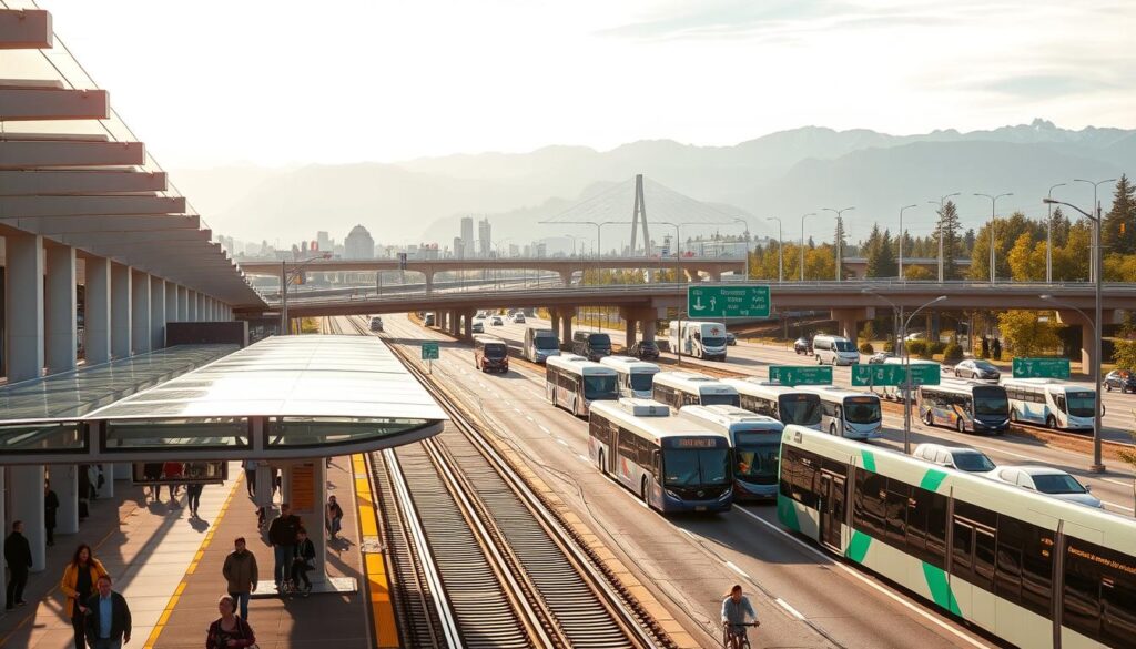 A bustling transportation hub near the vibrant city of Vancouver, showcasing a diverse array of commuting options. In the foreground, a modern light rail station with clean lines and glass canopies, surrounded by pedestrians and cyclists. The middle ground features a network of highways and overpasses, with sleek electric buses and hybrid vehicles navigating the traffic. In the background, the majestic North Shore mountains provide a stunning natural backdrop, complementing the urban landscape. Warm sunlight filters through, creating a welcoming atmosphere. The scene conveys the seamless integration of transportation and accessibility, catering to the needs of the "Arabic Canada" community. A bustling transportation hub near the vibrant city of Vancouver, showcasing a diverse array of commuting options. In the foreground, a modern light rail station with clean lines and glass canopies, surrounded by pedestrians and cyclists. The middle ground features a network of highways and overpasses, with sleek electric buses and hybrid vehicles navigating the traffic. In the background, the majestic North Shore mountains provide a stunning natural backdrop, complementing the urban landscape. Warm sunlight filters through, creating a welcoming atmosphere. The scene conveys the seamless integration of transportation and accessibility, catering to the needs of the "Arabic Canada" community.
