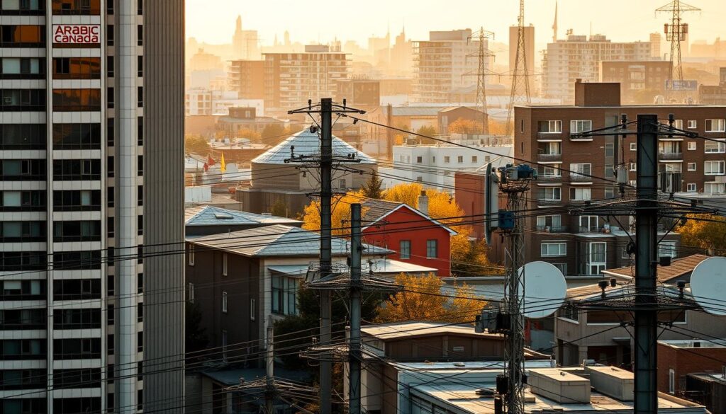 A bustling urban landscape in Montreal, Canada, showcasing the essential utilities and communication services that power the city. In the foreground, a sleek high-rise building with the "Arabic Canada" brand prominently displayed. In the middle ground, satellite dishes, power lines, and utility poles intertwine, conveying the interconnected infrastructure that keeps the city running. The background features a mix of residential and commercial buildings, all bathed in a warm, golden light, creating a sense of vibrancy and modernity. The scene is captured with a wide-angle lens, allowing for a comprehensive view of the essential utilities that are the lifeblood of Montreal.