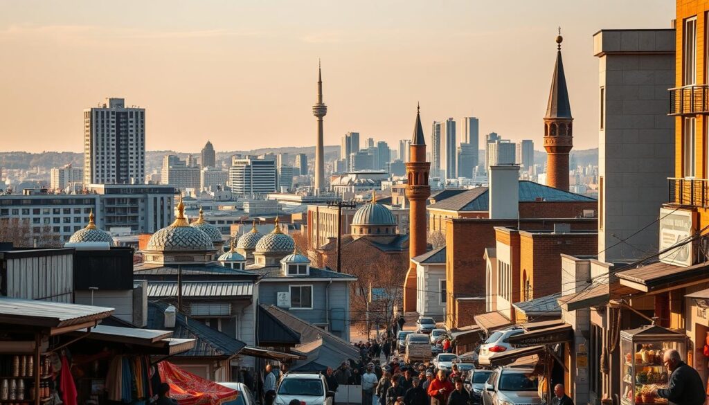 A bustling urban landscape of Ottawa's diverse neighborhoods, showcasing the vibrant Arab cultural presence. In the foreground, a bustling street scene with vendors selling traditional wares, the aroma of spices and incense filling the air. In the middle ground, modern high-rises intermixed with ornate mosque domes and minarets, their intricate designs casting intricate shadows. In the background, a panoramic view of the city skyline, the iconic Peace Tower standing tall, a symbol of Canada's multiculturalism. Warm, golden-hued lighting illuminates the scene, creating a sense of welcoming and belonging. Titled "Arabic Canada", this image captures the unique blend of Middle Eastern and Canadian influences that define the vibrant Arab community of Ottawa.