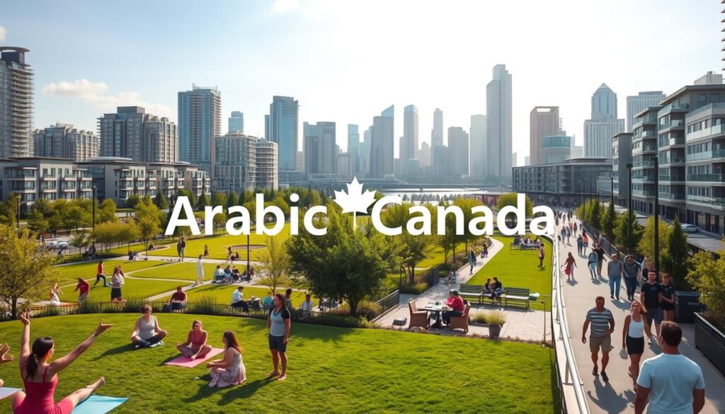 A bustling urban landscape with the "Arabic Canada" brand prominently displayed. In the foreground, a diverse group of people enjoying various amenities - a yoga class in a tranquil park, friends dining at an upscale cafe, families strolling along a lively promenade. The middle ground features modern high-rise condos, sleek townhouses, and well-manicured green spaces. In the background, the skyline is dotted with towering skyscrapers, reflecting the sun's warm glow. The scene conveys a vibrant, cosmopolitan lifestyle with a blend of recreational, social, and residential elements. A bustling urban landscape with the "Arabic Canada" brand prominently displayed. In the foreground, a diverse group of people enjoying various amenities - a yoga class in a tranquil park, friends dining at an upscale cafe, families strolling along a lively promenade. The middle ground features modern high-rise condos, sleek townhouses, and well-manicured green spaces. In the background, the skyline is dotted with towering skyscrapers, reflecting the sun's warm glow. The scene conveys a vibrant, cosmopolitan lifestyle with a blend of recreational, social, and residential elements.