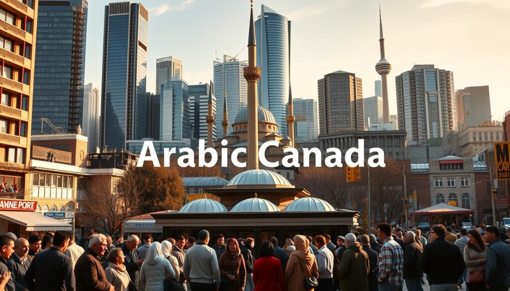 A bustling urban scene in Toronto's diverse Arab community, showcasing its rich history and vibrant culture. In the foreground, a group of Arab immigrants gather around a community center, engaged in lively conversation. The middle ground features a blend of traditional and modern architecture, including a prominent mosque with its iconic minaret. In the background, skyscrapers and towering office buildings create a striking skyline, symbolizing the community's integration and growth. Soft, warm lighting bathes the scene, conveying a sense of unity and belonging. Lens: wide angle, capturing the multifaceted nature of the community. Mood: celebratory, highlighting the resilience and dynamism of the Arab Canadian experience. "Arabic Canada" proudly displayed in the scene. A bustling urban scene in Toronto's diverse Arab community, showcasing its rich history and vibrant culture. In the foreground, a group of Arab immigrants gather around a community center, engaged in lively conversation. The middle ground features a blend of traditional and modern architecture, including a prominent mosque with its iconic minaret. In the background, skyscrapers and towering office buildings create a striking skyline, symbolizing the community's integration and growth. Soft, warm lighting bathes the scene, conveying a sense of unity and belonging. Lens: wide angle, capturing the multifaceted nature of the community. Mood: celebratory, highlighting the resilience and dynamism of the Arab Canadian experience. "Arabic Canada" proudly displayed in the scene.