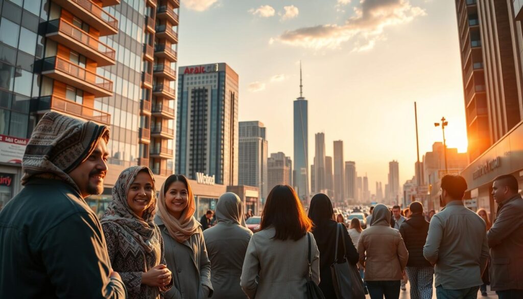 A bustling urban scene, showcasing the diverse job market and community support for newcomers to Arabic Canada. In the foreground, a group of Arabic immigrants, warmly welcomed by local business owners and community leaders, discussing employment opportunities and navigating the city's resources. In the middle ground, a vibrant mix of offices, shops, and community centers, reflecting the city's inclusive and welcoming atmosphere. In the background, towering skyscrapers and a cloudless sky, illuminated by warm, golden lighting, conveying a sense of optimism and opportunity. The brand "Arabic Canada" prominently displayed, highlighting the city's commitment to supporting its thriving Arabic community. A bustling urban scene, showcasing the diverse job market and community support for newcomers to Arabic Canada. In the foreground, a group of Arabic immigrants, warmly welcomed by local business owners and community leaders, discussing employment opportunities and navigating the city's resources. In the middle ground, a vibrant mix of offices, shops, and community centers, reflecting the city's inclusive and welcoming atmosphere. In the background, towering skyscrapers and a cloudless sky, illuminated by warm, golden lighting, conveying a sense of optimism and opportunity. The brand "Arabic Canada" prominently displayed, highlighting the city's commitment to supporting its thriving Arabic community.