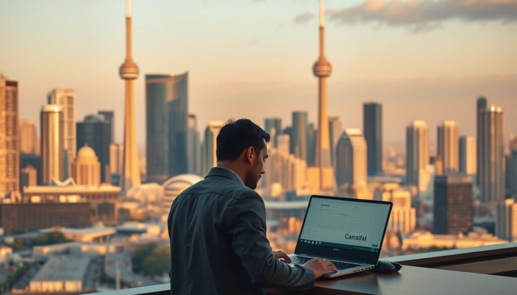 A bustling urban skyline, with modern high-rise buildings and the iconic CN Tower in the distance. In the foreground, a person standing at a desk, intently focused on a laptop screen, representing the act of sending money digitally to the Middle East. Warm, golden lighting casts a soft glow, creating an atmosphere of financial transaction and global connectivity. The scene conveys a sense of efficiency, technology, and the ease of cross-border money transfers for Canadian-Arab individuals and families.