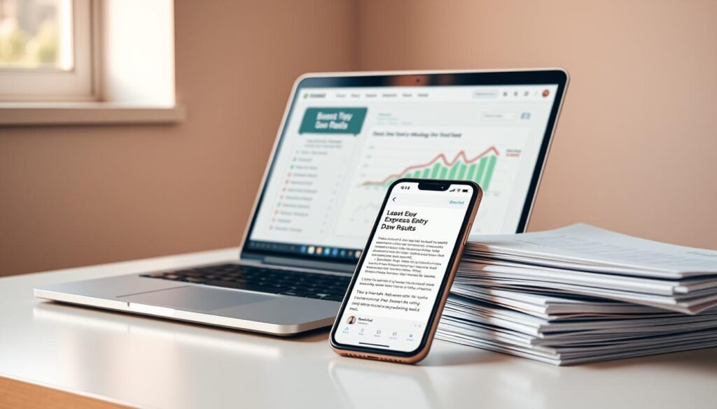 A clean and minimalist desk setup with a laptop, smartphone, and a stack of documents. The laptop screen displays a live dashboard tracking the latest Express Entry draw results, with dynamic data visualizations and statistics. The smartphone displays a news article on the draw, with a clean and modern UI design. The stack of documents includes immigration forms and guides, neatly organized. Warm, natural lighting illuminates the scene, creating a sense of professionalism and focus. The composition emphasizes the importance of staying informed and on top of the latest developments in the Express Entry immigration system. A clean and minimalist desk setup with a laptop, smartphone, and a stack of documents. The laptop screen displays a live dashboard tracking the latest Express Entry draw results, with dynamic data visualizations and statistics. The smartphone displays a news article on the draw, with a clean and modern UI design. The stack of documents includes immigration forms and guides, neatly organized. Warm, natural lighting illuminates the scene, creating a sense of professionalism and focus. The composition emphasizes the importance of staying informed and on top of the latest developments in the Express Entry immigration system.