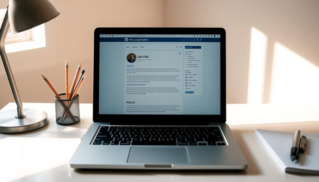 A clean, minimalist desktop scene with a laptop computer and stationery items. The laptop screen displays a captivating headline and a well-crafted "About" section, reflecting the professionalism and attention to detail required for an effective LinkedIn profile. Warm, natural lighting illuminates the scene, creating a sense of focus and productivity. The composition emphasizes the importance of the content on the laptop screen, drawing the viewer's attention to the key elements of a compelling LinkedIn profile. A clean, minimalist desktop scene with a laptop computer and stationery items. The laptop screen displays a captivating headline and a well-crafted "About" section, reflecting the professionalism and attention to detail required for an effective LinkedIn profile. Warm, natural lighting illuminates the scene, creating a sense of focus and productivity. The composition emphasizes the importance of the content on the laptop screen, drawing the viewer's attention to the key elements of a compelling LinkedIn profile.