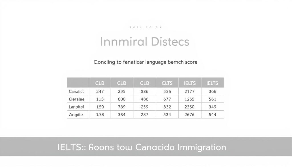 A clean, minimalist infographic depicting the conversion of Canadian Language Benchmark (CLB) scores to their IELTS equivalents, set against a subtly textured light gray background. The chart is centered, with distinct sections delineating the CLB levels and their IELTS score ranges. The information is presented in a clear, legible typeface with muted colors that complement the overall aesthetic. The composition maintains a balance between providing the necessary details and conveying a sense of simplicity and professionalism, suitable for inclusion in the "IELTS for Canada Immigration" article.
